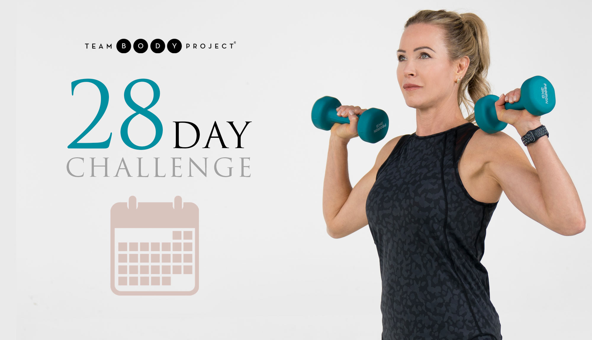 28 day challenge logo with image of Alex in black lifting green weights