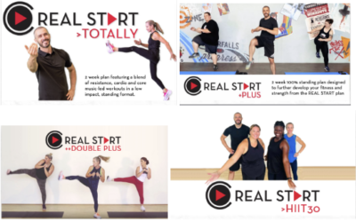 image of four of the real start workout plans tiles including real start totally, real start plus, real start double plus and real start HIIT30 featuring real members
